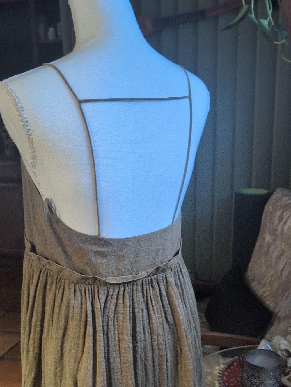 Free People Green Olive Spaghetti Strap Cotton Dress. - Picture 3 of 9